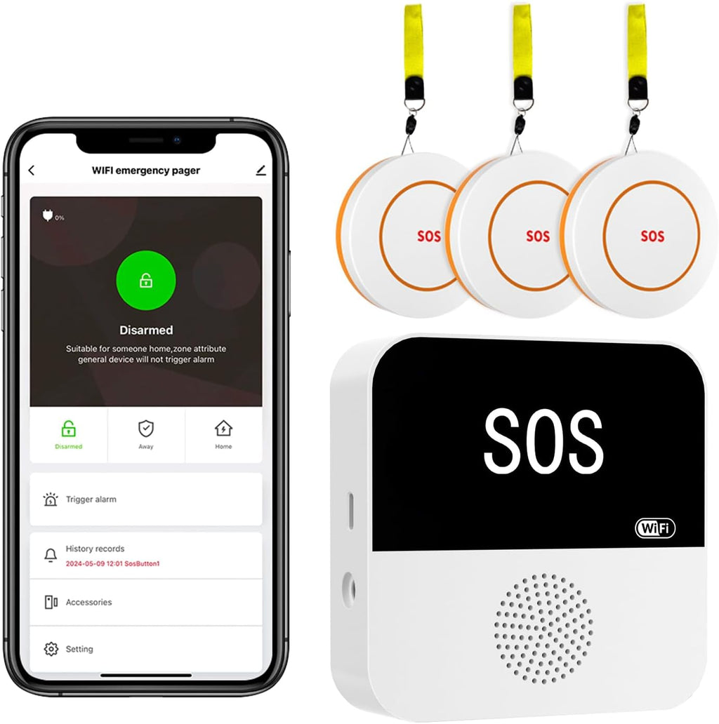 3 Pack Wireless Caregiver Call Button for Elderly at Home, WIFI Panic Button, Help Button, Alarm for Senior Citizens w Sound Light Alarm, App Alert, Emergency Response Button, Caregiver Pager