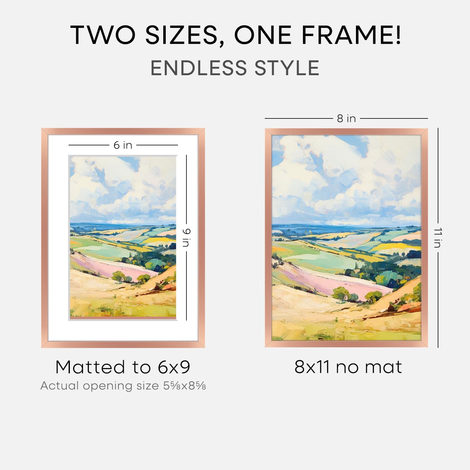 Homeforia 8x11 Picture Frame Rose Gold, High End Metal 8 x 11 Poster Frames with Mat 6 by 9 Photo, 11x8 Frame Matted to 6x9 inch Print, 8by11 Wall or Tabletop Frame, Tempered Glass, Wall Kit, Set of 1