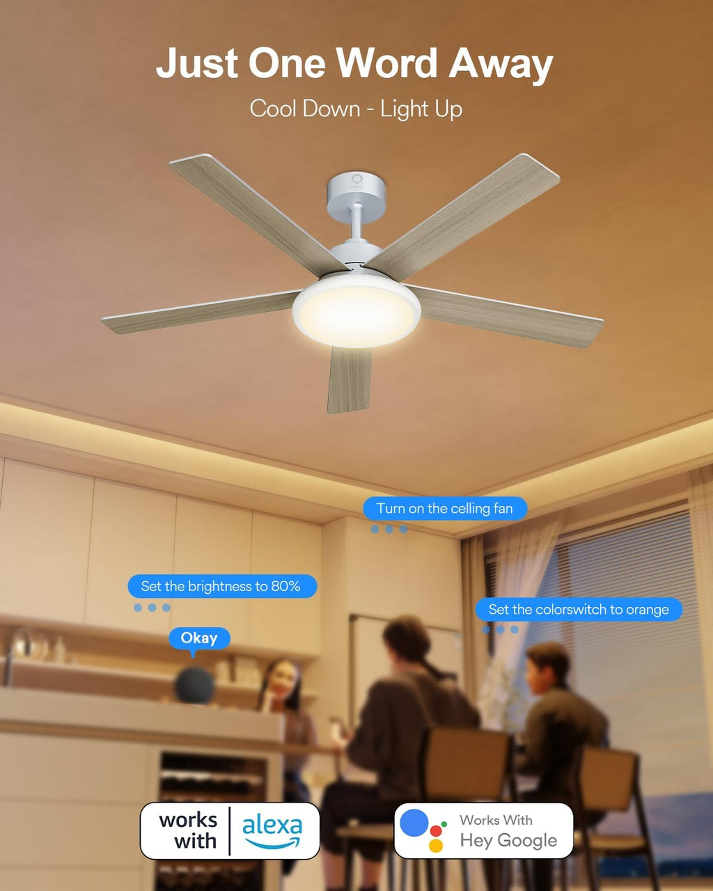 Lumary 52'' Smart Ceiling Fan with RGBAI Lights Remote, RGB & Stepless Color Temperature, Work with Alexa/Google/App, 46 Scenes, Modern Flush Mount Low Profile Ceiling Fan for Bedroom Kids Room, White