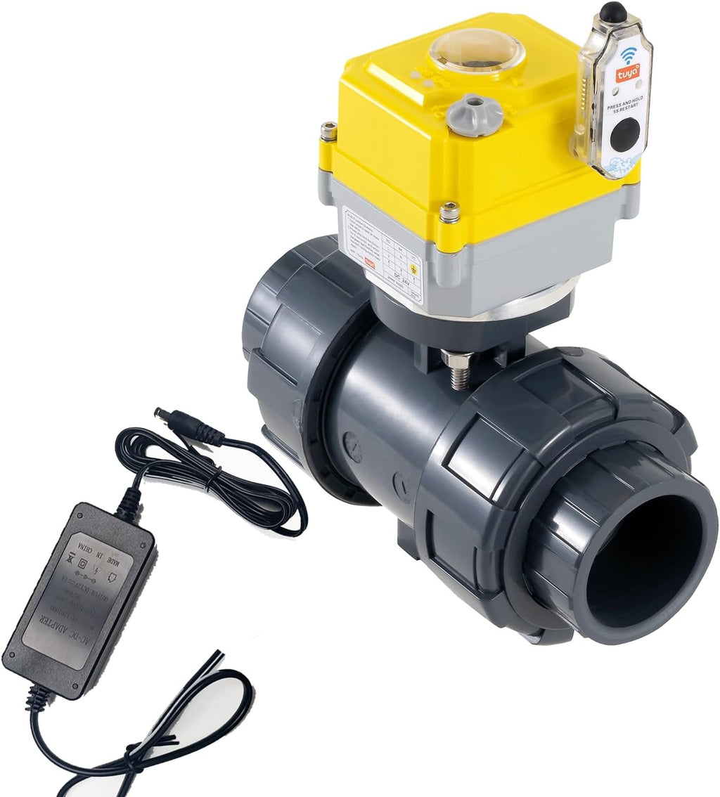 Smart electric valve 1 1/4 inch PVC joint ball valve Tuya APP smart wifi water shut-off valve DC24V AC110V-230V power adapter and power-off automatic return setting timing water valve DN32MM