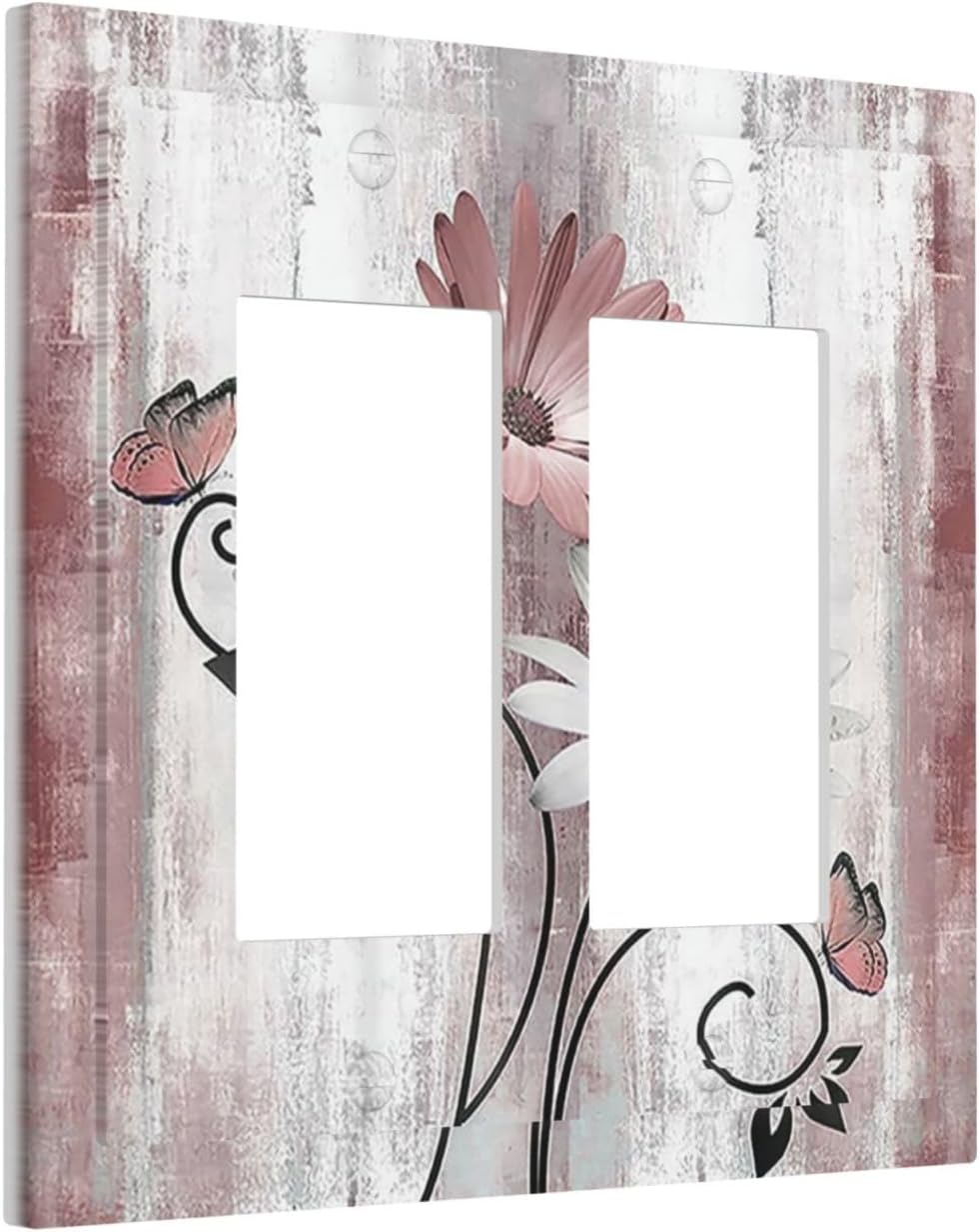 Decorative Outlet Covers Pink White Daisy Butterfly Wood Grain 2 Gang Double GFCI Rocker Electrical Wall Panels Light Switch Cover Plate for Farmhouse Bathroom Decor