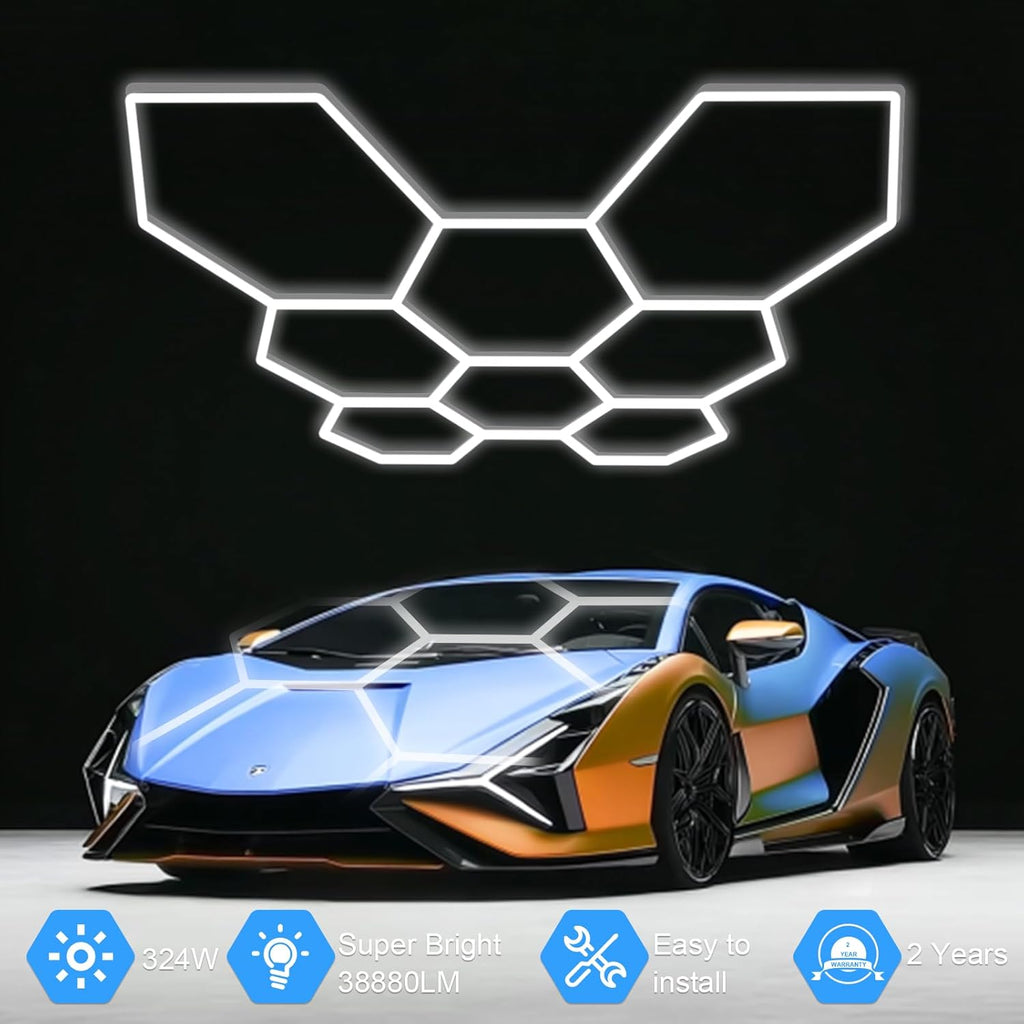 MODERN Hexagon Garage Light: Higher Brightness 38880 Lumens Honeycomb Garage Light, 8 Grid Systems 6500K, Hexagon Garage Grid Lighting for Garage, Gym, Car Detailing Shop etc.