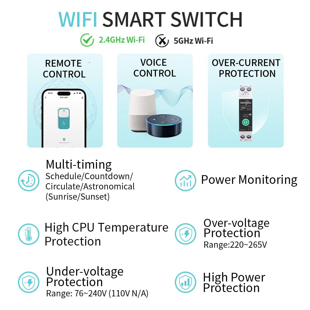 Smart Home DIN Rail WiFi Switch, 1P+N 1‑63A, Over-Current Protection, Tuya/Smart Life Remote Control, Voice Control via Alexa &Google Assistant, Energy Monitor, Timer Functions, FCC Certified