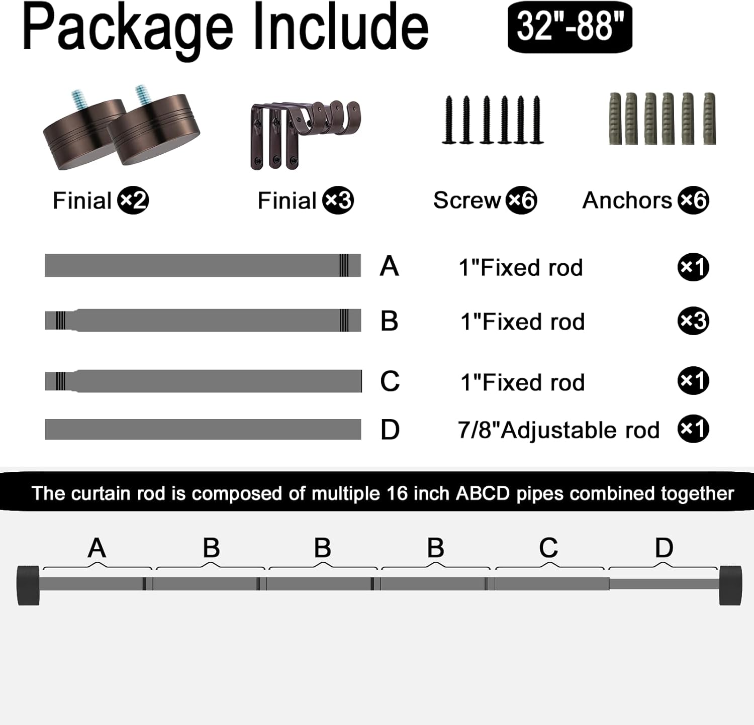 Adjustable Curtain Rods-18 to 88 Inches,1 Inch Modern Metal Drapery Rods, Adjustable Heavy Duty Curtain Pole with Simple End Caps