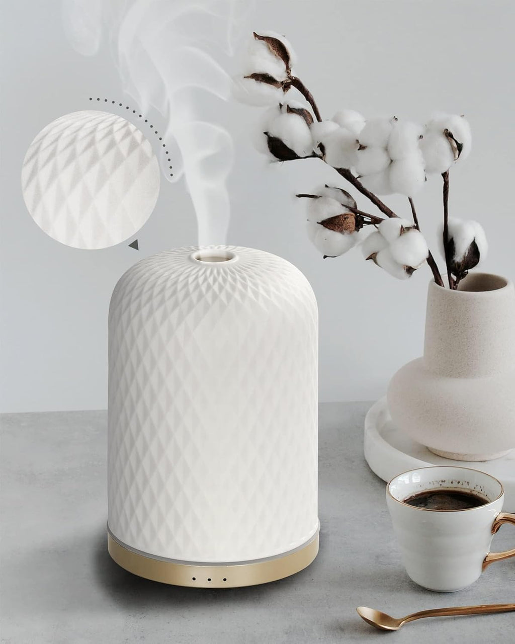 Essential Oil Diffuser,110ML Diffusers for Essential Oils Large Room, Ceramic Diffusers Decorative Ultrasonic Defuzzer, Ideal for Aesthetic Home,Dorm Décor, Yoga,White