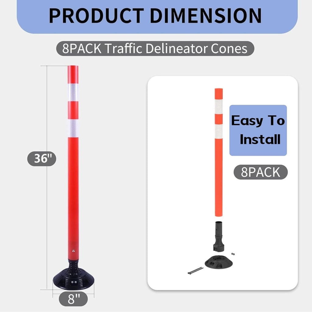 BESEA 8PCS 36" Traffic Delineator Posts with Detachable Base & High-Visibility Reflective Collars,Orange Flexible Safety Cones for Driveway, Parking Lot, Roadway, and Work Zone