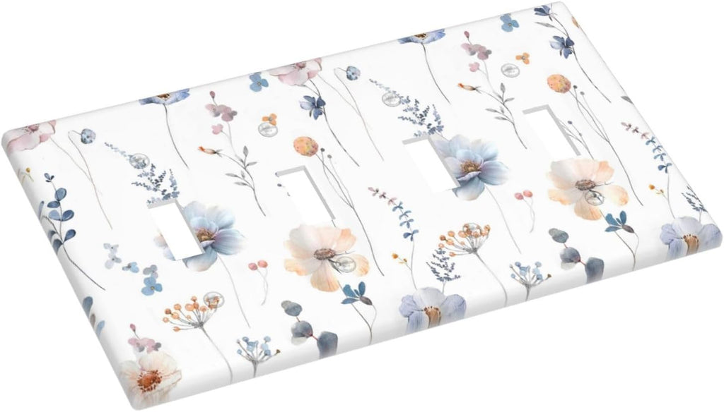 Wildflowers Plant Leaves Floral Berry Light Switch Covers Quad Toggle Electrical Faceplate 4 Gang Wall Plate Decorative Switch Plates for Bed Room Living Room Decor