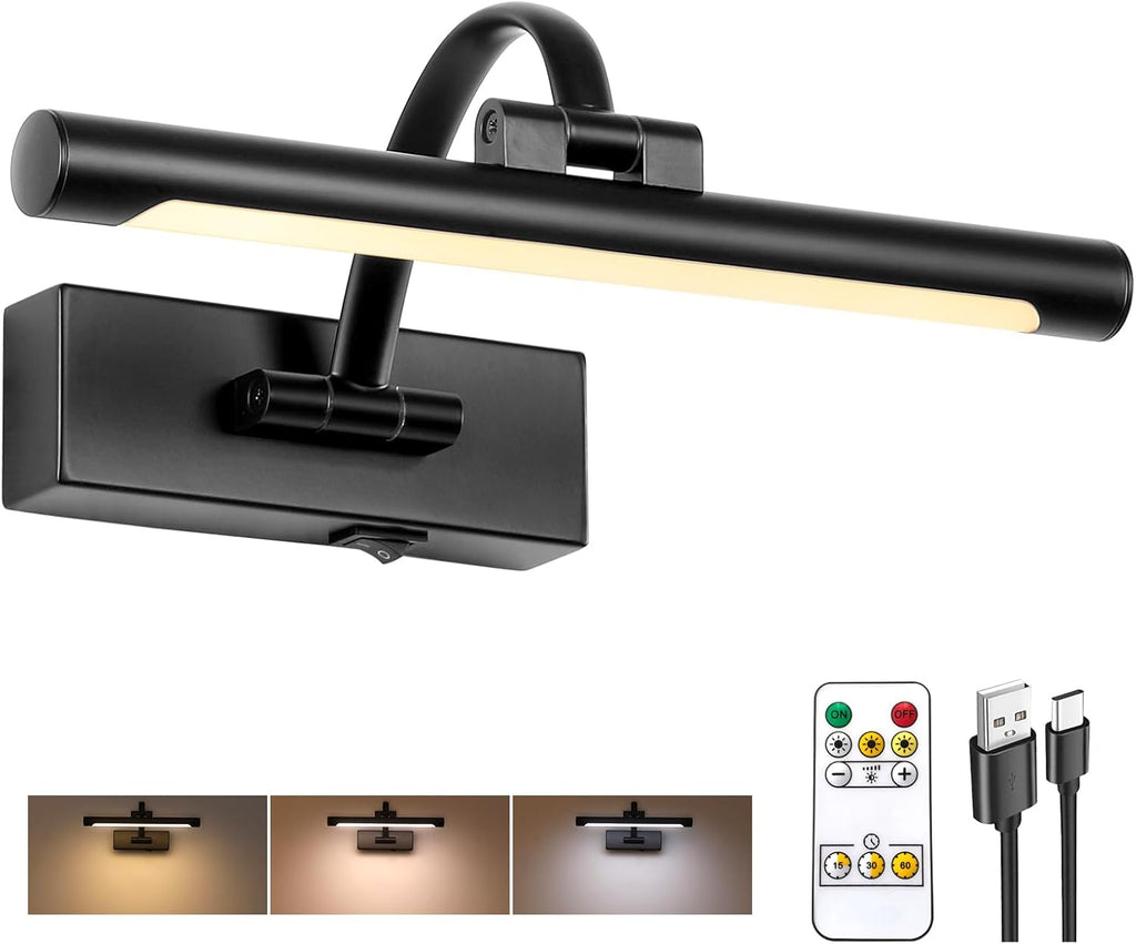 Battery Powered Picture Light with Remote and Timer,Full Metal Art Light with Swing Arm,12 Inch Dimmable,3CCT in One, Rechargeable Wall Lights for Display, Artwork, Canvas,Hallway