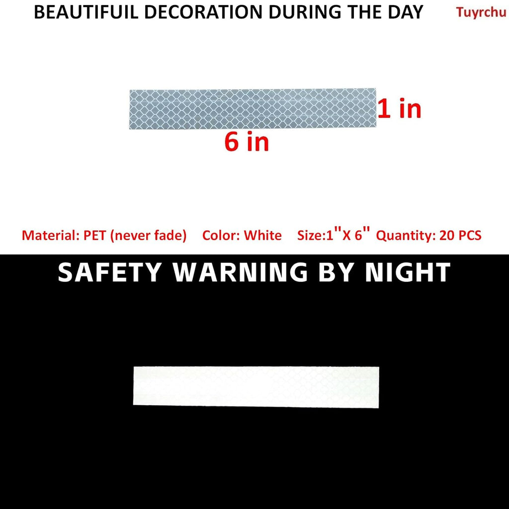 Non Fading White Reflective Stickers 1 inch X 6 inch, Outdoor Waterproof High Visibility Warning Safety Adhesive Reflector Tape (20 Pcs)