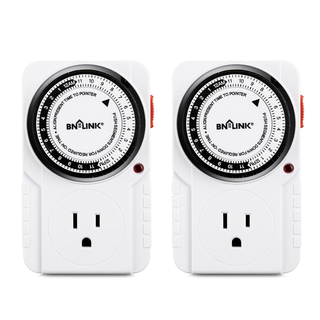 BN-LINK 24 Hour Plug-in Mechanical Timer Grounded for Aquarium, Grow Light, Hydroponics, Indoor Lighting, Home Appliances, ETL Listed 125VAC, 60 Hz, 1875W, 15A, 1/2HP (2 Pack)
