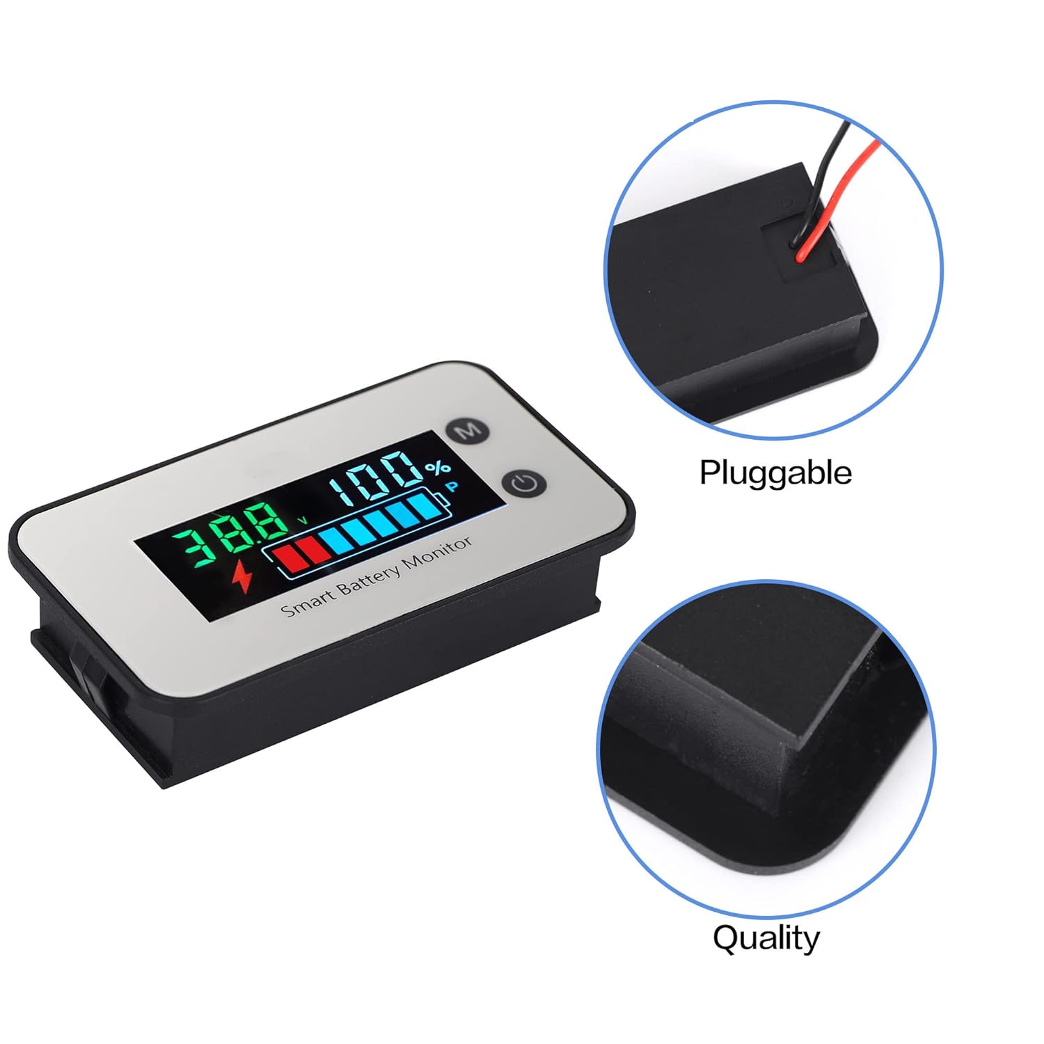IPX7 Waterproof Battery Monitor with Bracket 7-100V,Car Motorcycle Golf cart Battery Meter Digital Display Capacity Remaining Capacity Percentage Tester with Buzzer Alarm and Temperature
