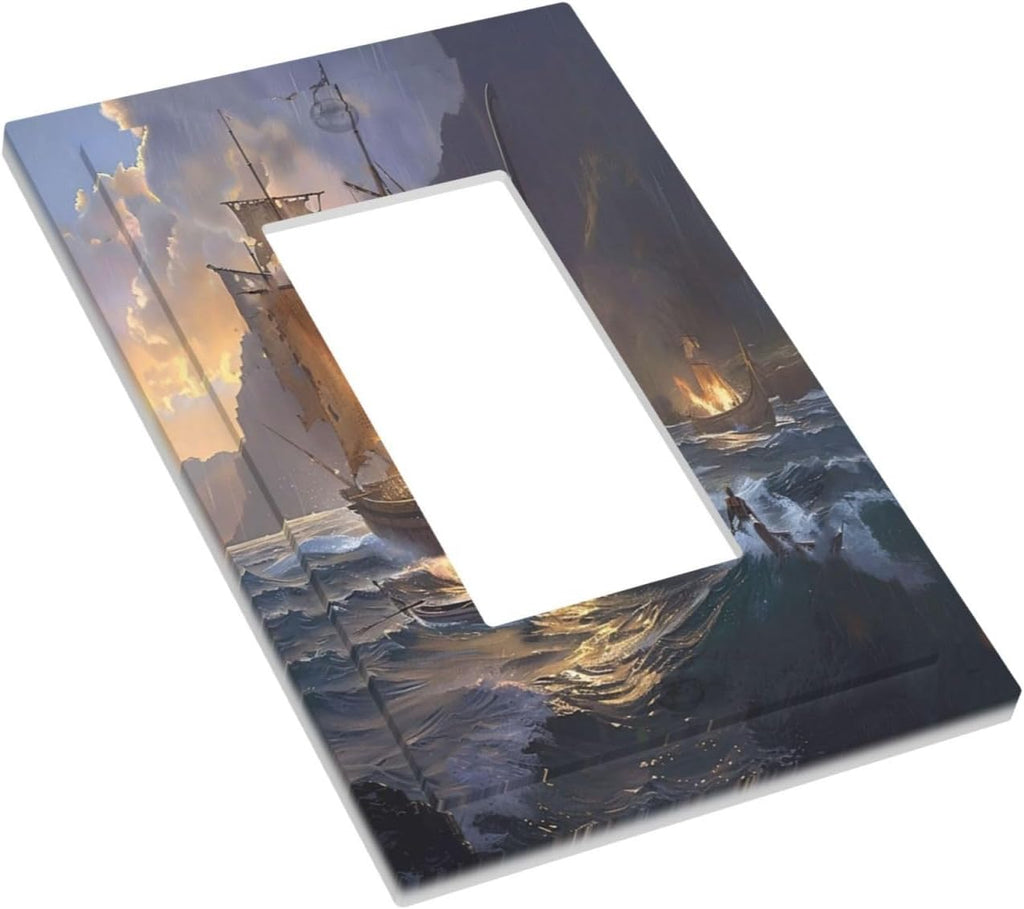 Decorative Outlet Covers Medieval Vintage Sailing Adventure Sailings Ocean Waves 1 Gang Single Rocker Light Switch Cover Plate GFCI Wall Plates Electrical Switch Plate Cover for Bedroom Cabin Decor