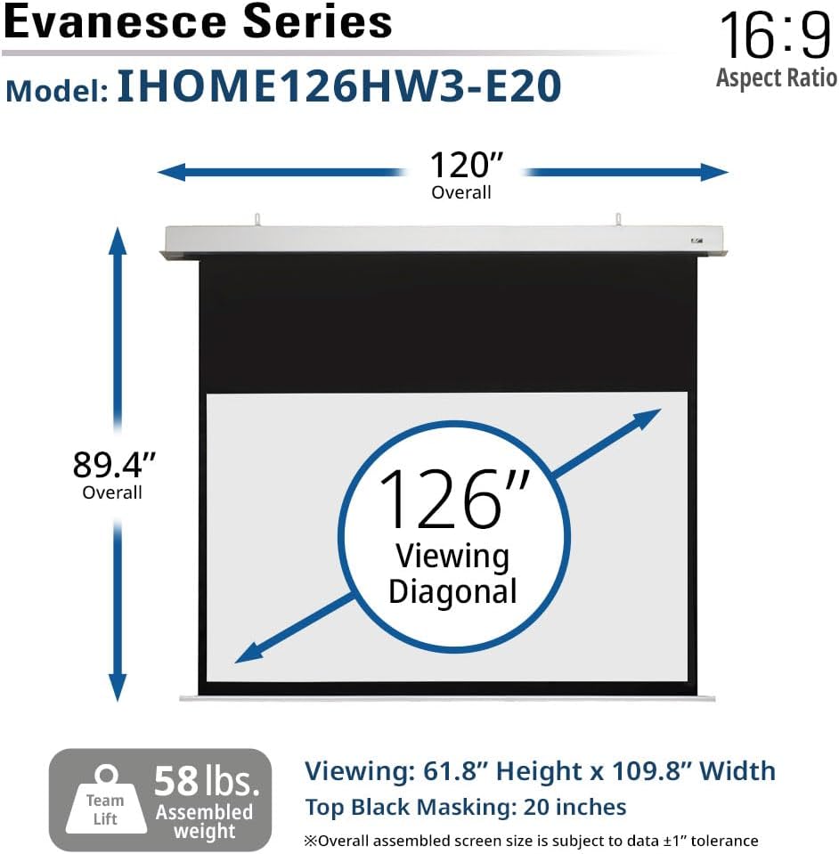 Elite Screens Evanesce 126" Diag.16:9, Recessed in-Ceiling Electric Motorized Projector Screen and Installation Kit, Matte White Fiberglass Reinforced Projection Surface, IHOME126HW3-E20