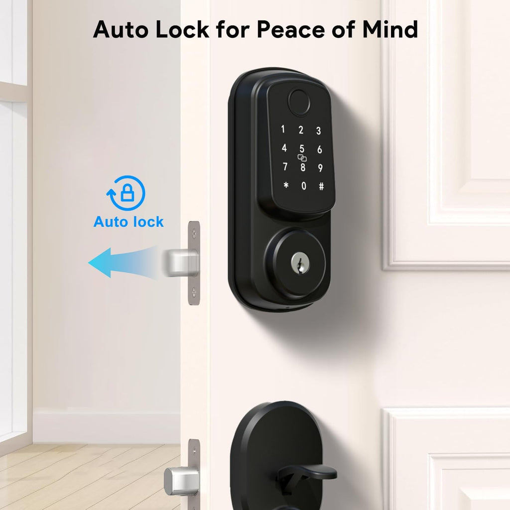 Keyless Entry Door Lock with Handle Set, Keyless Entry Deadbolt with Handle Set, Smart Locks for Front Door Alexa Fingerprint Auto Lock, Black