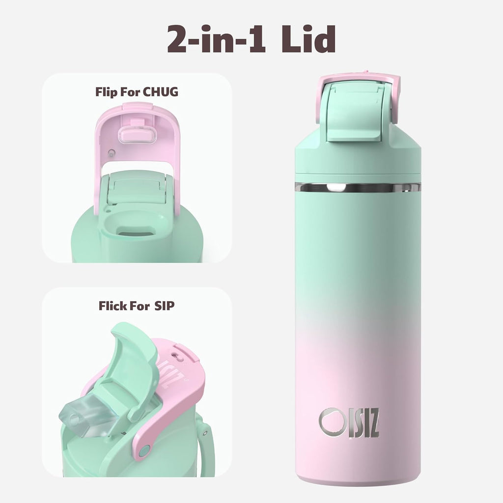OISIZ Insulated Water Bottle 20 oz with 2 in 1 Spout and Straw Lid,One Click Safety Lock,100% Leakproof,Keep Cold 24H,Vacuum Stainless Steel Water Bottle for School,Travel and Sports,Dishwasher Safe