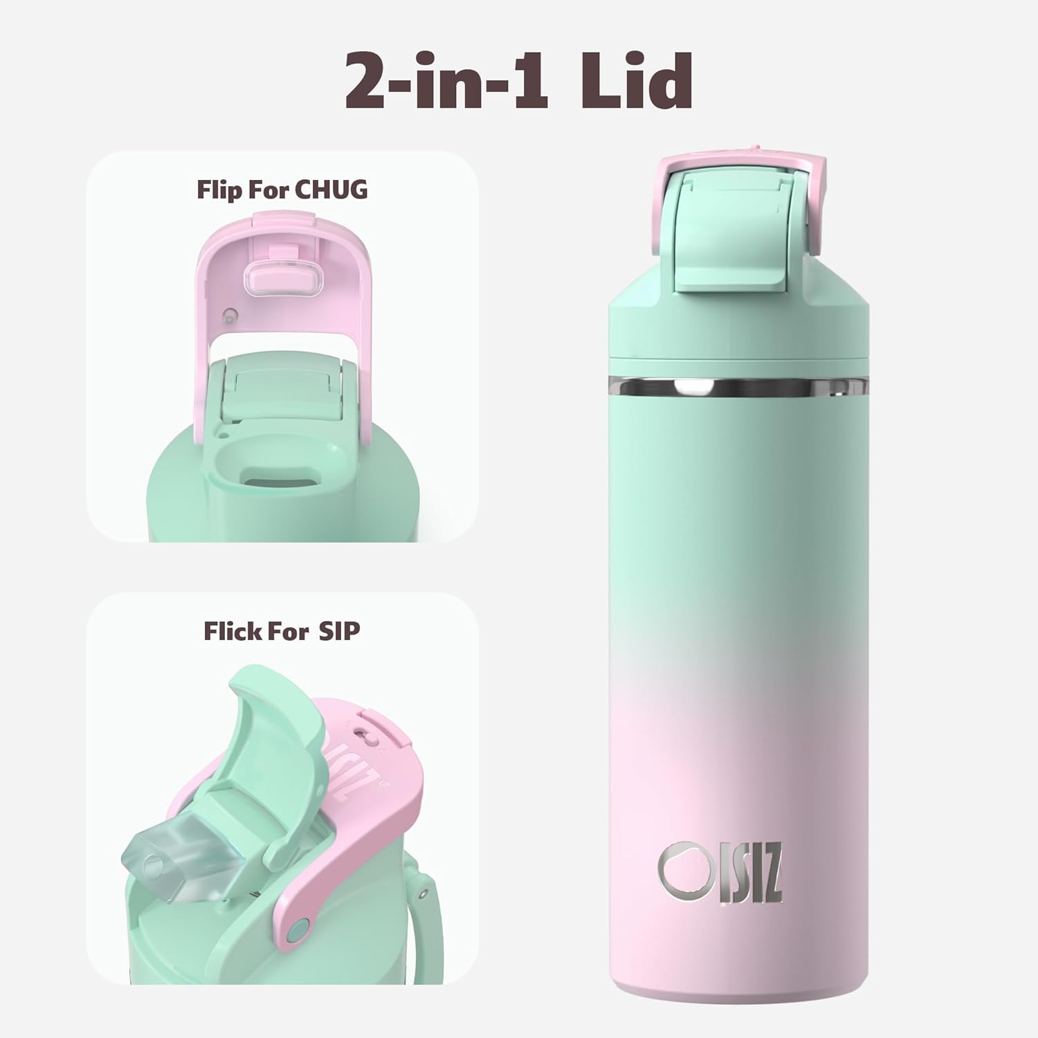 OISIZ Insulated Water Bottle 20 oz with 2 in 1 Spout and Straw Lid,One Click Safety Lock,100% Leakproof,Keep Cold 24H,Vacuum Stainless Steel Water Bottle for School,Travel and Sports,Dishwasher Safe