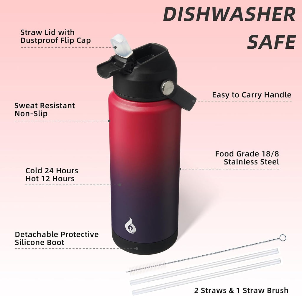BJPKPK Water Bottle with Straw Lid, 24oz Vacuum Insulated Water Bottles, Metal Stainless Steel Thermo for Sports, Travel, BPA Free Leak Proof Thermo, Cups, Flasks, Tumblers,Charming Red