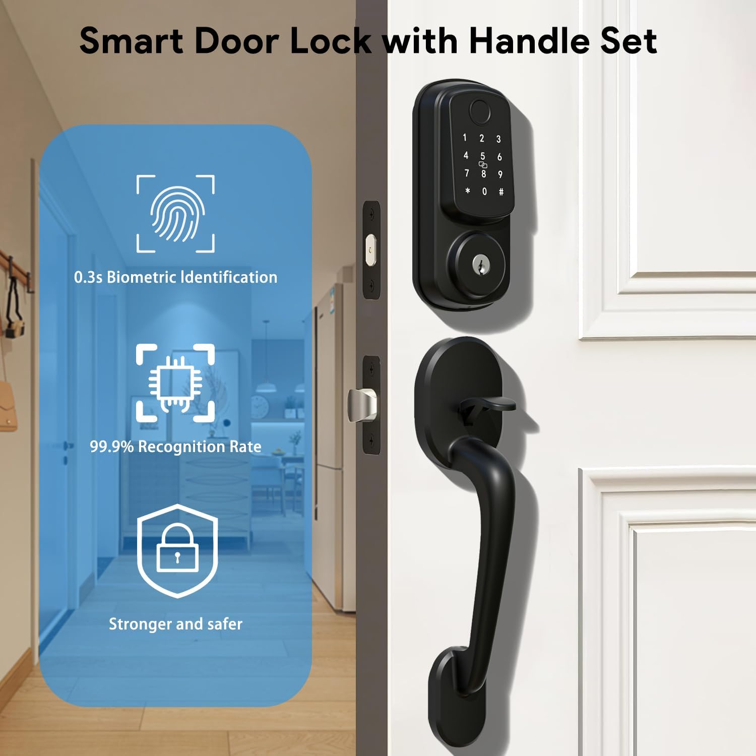 Keyless Entry Door Lock with Handle Set, Keyless Entry Deadbolt with Handle Set, Smart Locks for Front Door Alexa Fingerprint Auto Lock, Black