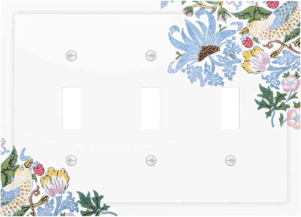Decorative Light Switch Cover Plate Retro Morris Strawberry Rustic Plant Bird 3 Gang Wall Plate Oversized Triple Toggle Switch Cover Plate Jumbo Faceplate for Bedroom Decor