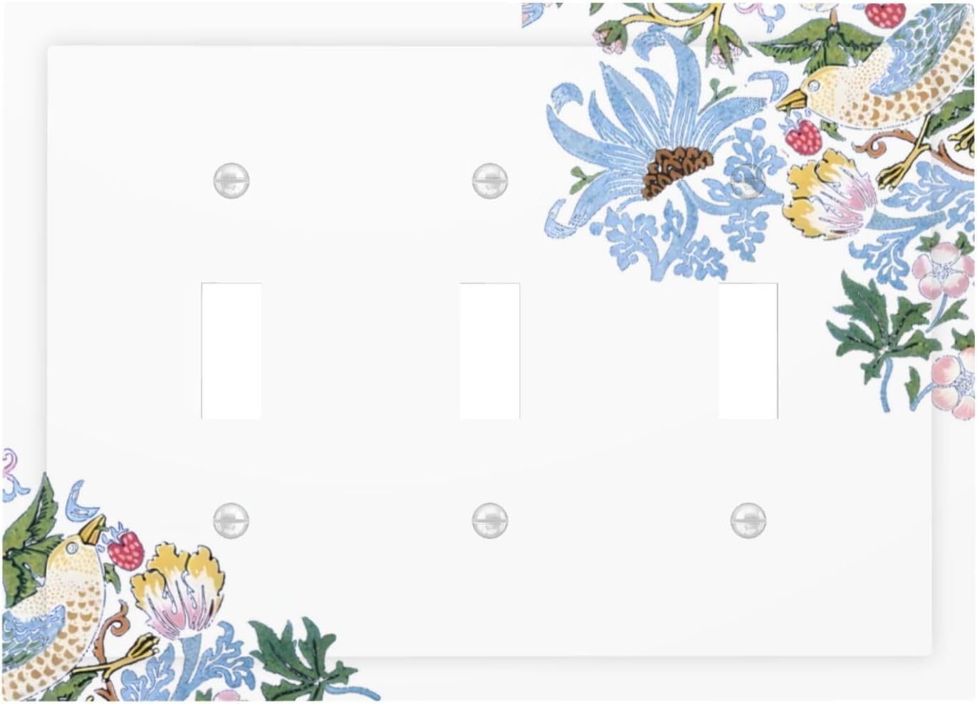Decorative Light Switch Cover Plate Retro Morris Strawberry Rustic Plant Bird 3 Gang Wall Plate Oversized Triple Toggle Switch Cover Plate Jumbo Faceplate for Bedroom Decor