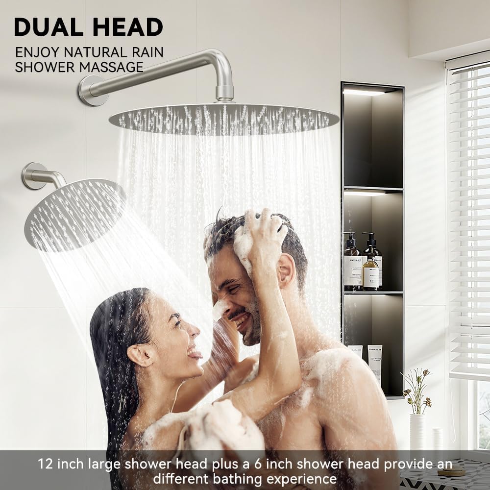 Shower Systems STARBATH 12+6" Round Dual Rainfall Shower Head with Handheld Spray for Two People, Wall Mounted 3 Way Rain Shower Faucet Sets Complete, Included Valve and Trim Kit, Brushed Nickel