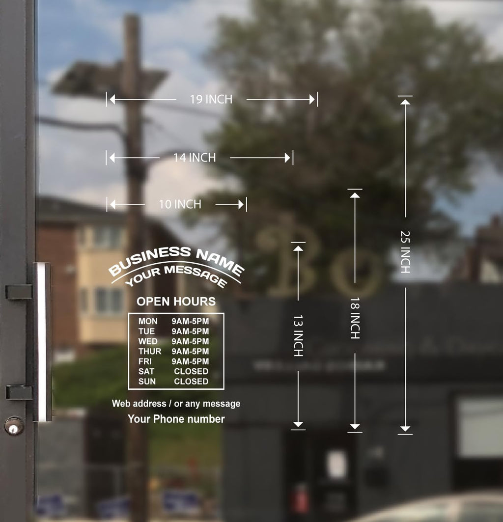 Business Hours Sign for Window – Two Title Lines (Two Arc-Portrait) If you select the Size 19"x25", you'll get 2 devided signs (Title area-19"x9", Open hour area-19"x16") for easier installation.