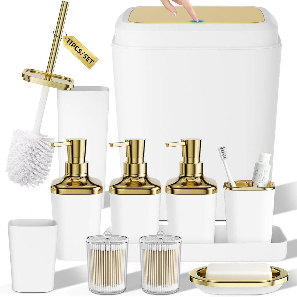 Bathroom Accessory Set, 11PC Bathroom Set, White Bathroom Accessories, Bathroom Accessories Set with Trash Can, 3PC Soap Dispensers and Toilet Brush