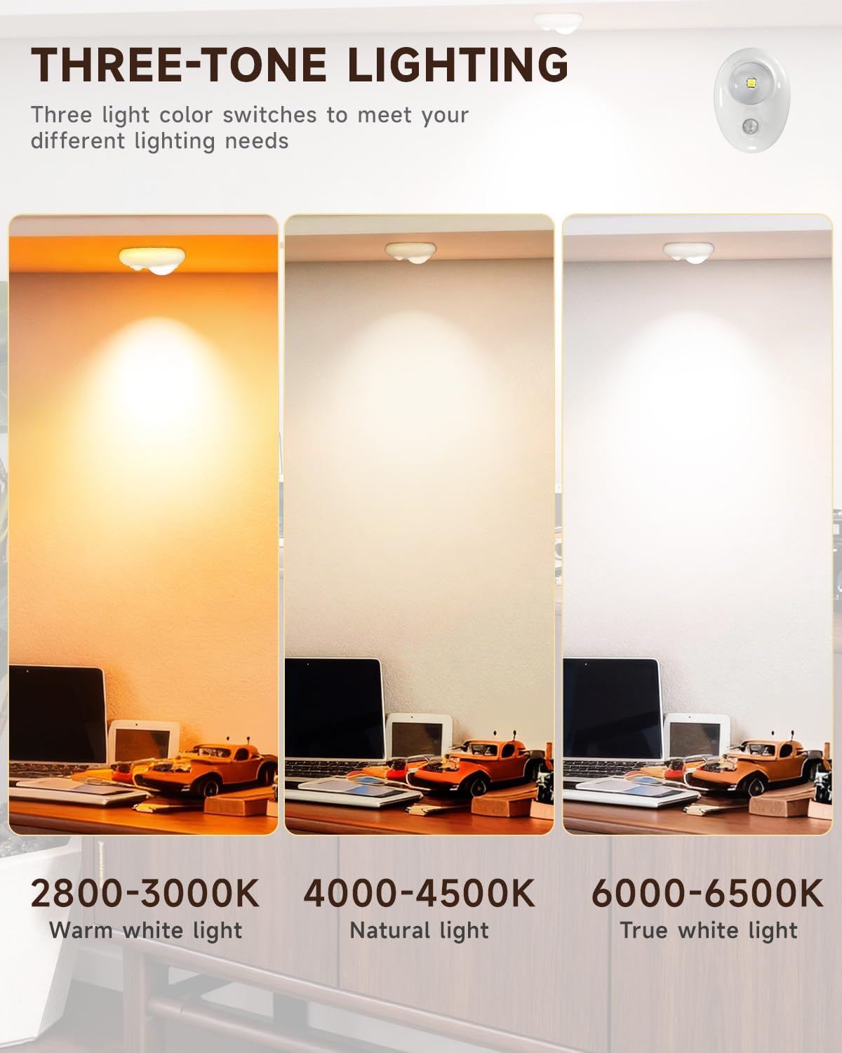LEPOTEC LED Puck Lights, Rechargeable Battery Light,3 Color Temps Tap Lights,Wireless Closet Light,Under Cabinet Lighting,Magnetic Sitck On Lights for Kitchen,Closet,Pantry,Shelves(6 Pack)