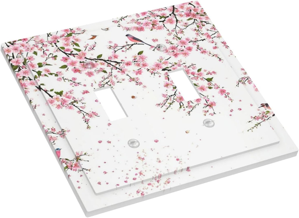 Decorative Light Switch Plate Covers Rustic Plum Blossom Pink Flowers 2 Gang Light Switch Cover Unique Double Toggle Wall Plate Outlet Covers for Bedroom Home Decor（2 Pack）