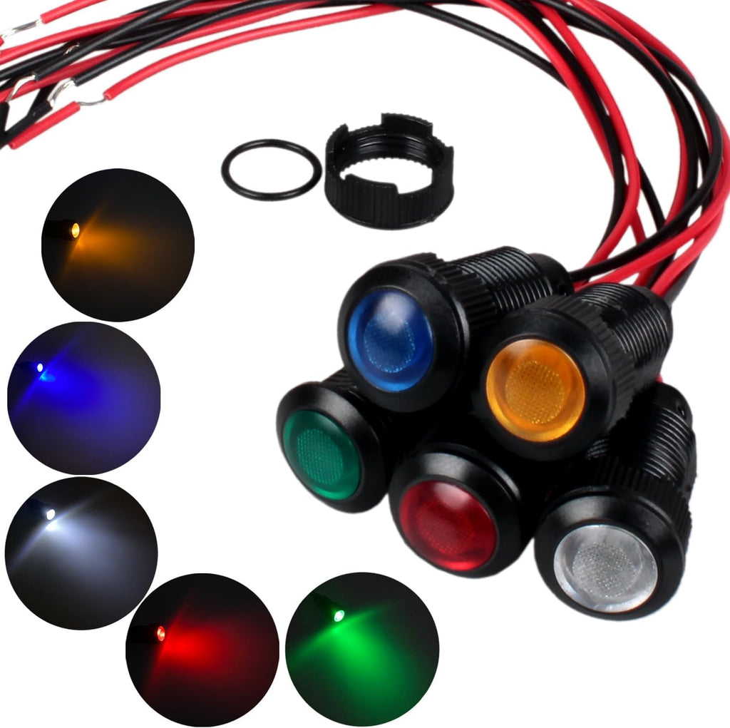 5pcs 12mm 12V-24V LED Indicator Light Plastic Black Signal Dot Lamp 12V-24V 1/2 inches Mounting Hole Size with 15cm/5.9in. Wire (Mix:Red White Yellow Blue Green)