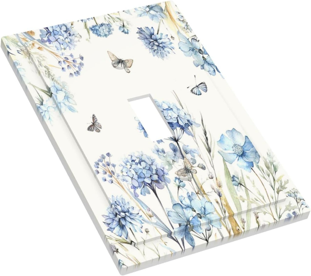Decorative Light Switch Cover Blue Floral Hydrangea Plants 1 Gang Single Toggle Decorator Outlet Wall Plate Device Electrical Faceplate Switchplates for Bedroom Home Decor
