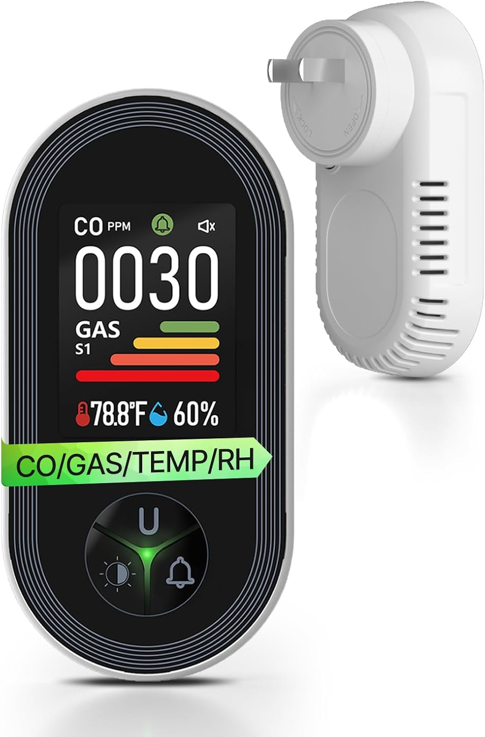 4IN1 Gas & Carbon Monoxide Detector Combination Plug in, CO Gas Monitor with Real-Time Temperature & Humidity Display, Alarm for Natural Gas, Propane