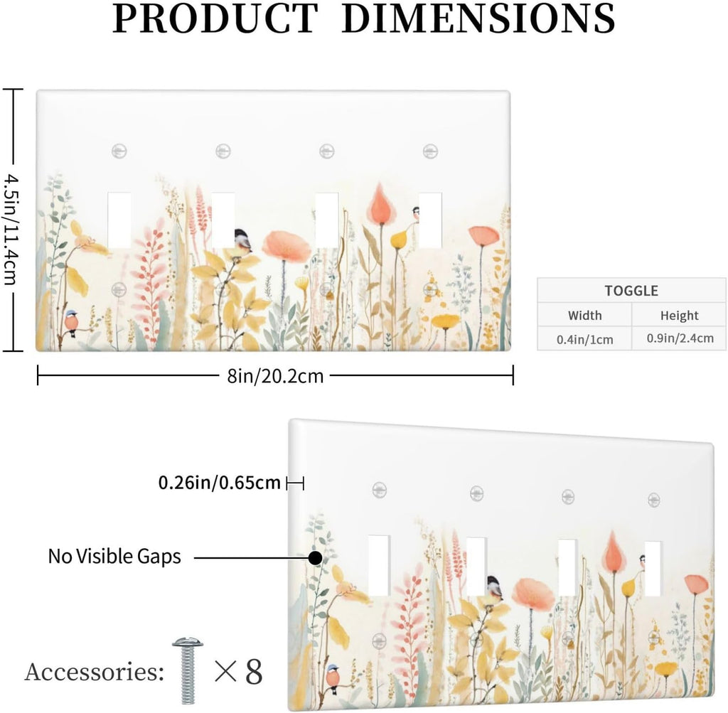 Light Switch Covers Colorful Floral Watercolour Cuddly Bird Quad Toggle Electrical Faceplate 4 Gang Wall Plate Decorative Switch Plates For Bed Room Living Room Decor