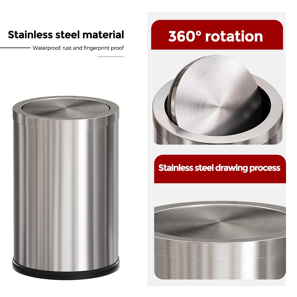 Stainless Steel Garbage Can with Lid,Small Bathroom Trash Can with Flipping Lid for Bathroom,Hotel,Office,Laundry【Perfect Christmas Gift】(Sliver)
