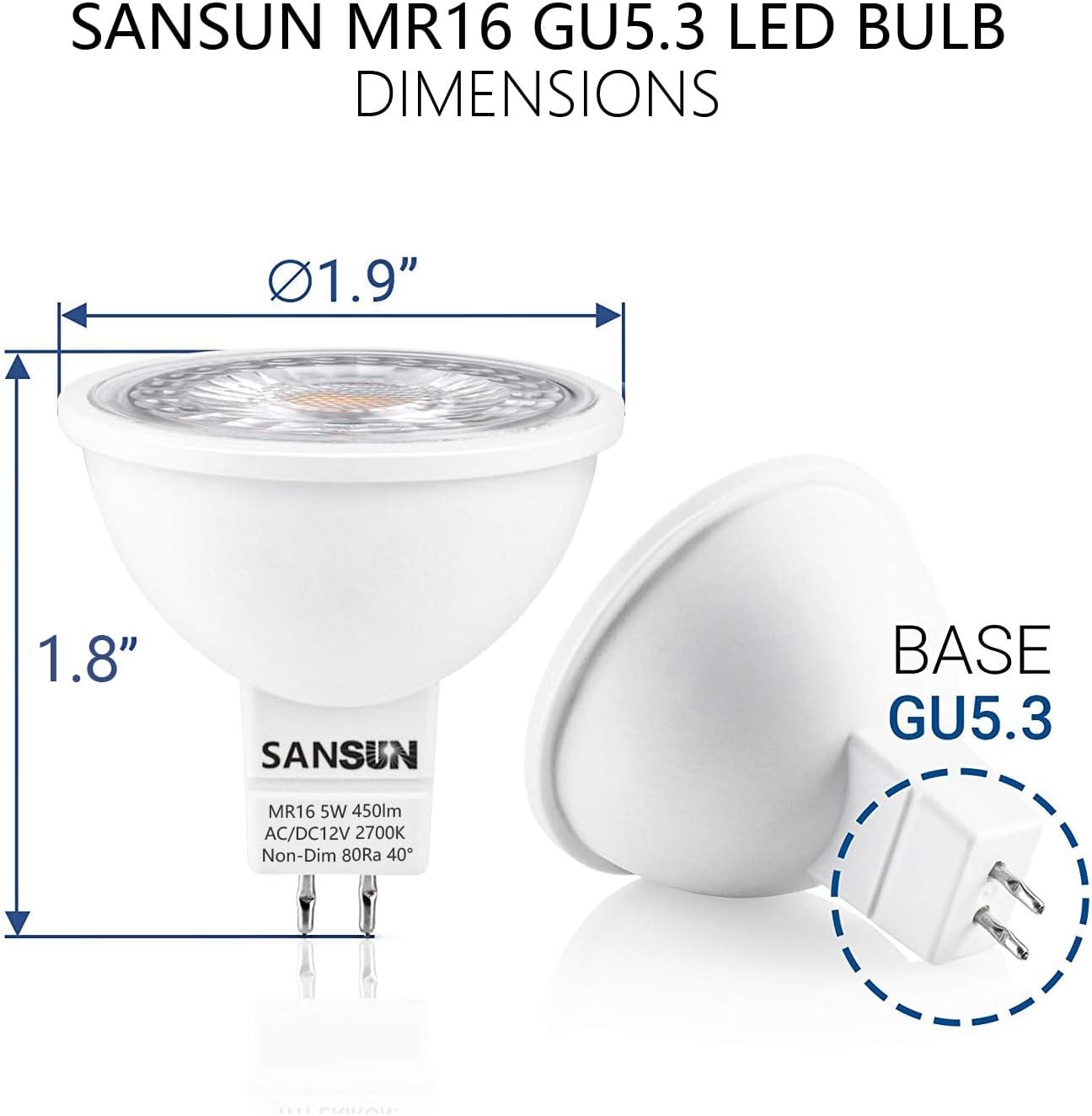 5W MR16 LED Landscape Light Bulbs, Low Voltage 12V 50W Halogen Replacement for Outdoor Landscape Spotlight and Indoor Track Light, GU5.3 Bi-Pin Base, Warm White 2700K, Non-Dimmable (Pack of 4)
