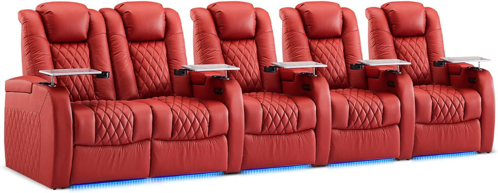 Weilianda Home Theater Seating Top Grain Leather Zero Gravity Recliner Chair Power Headrest Recline Movie Seat Gaming 7 Colors Mood Light Sofa with Tray Table USB Charge Row of 5 Loveseat Left Red