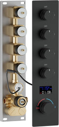 Matte Black Brass 4 Way Shower Diverter Valve Temperature Digital Display 4 in 1 Control Shower Mixing Valve Trim Kit Replacement, Flow Control