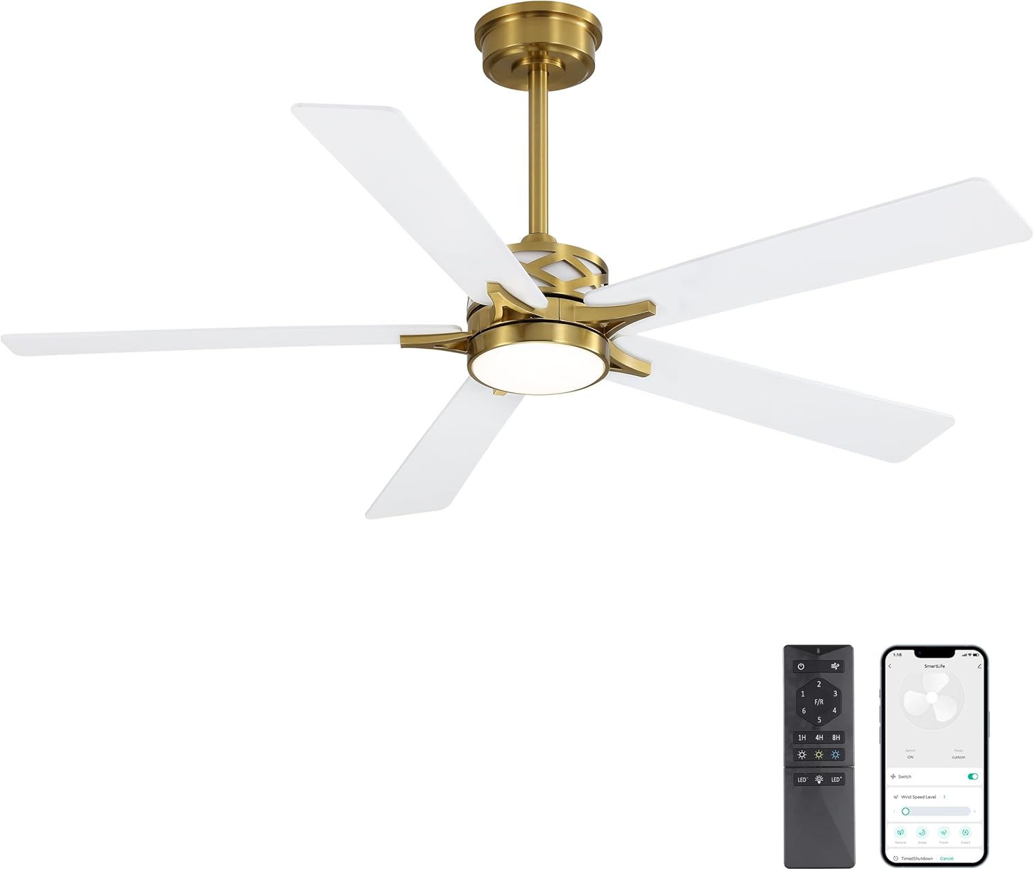 WINGBO 60" Smart Ceiling Fan with Lights and 3 Downrods, 5 Plywood Blades, 6 Speeds Reversible DC Motor, Works with Alexa and Google Assistant, 3CCT Dimmable LED Large Ceiling Fans, Brass and White