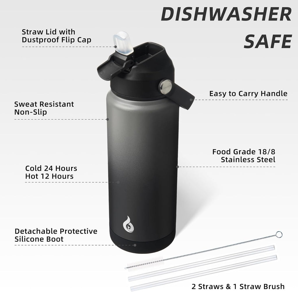 BJPKPK Water Bottle with Straw Lid, 24oz Vacuum Insulated Water Bottles, Metal Stainless Steel Thermo for Sports, Travel, BPA Free Leak Proof Thermo, Cups, Flasks, Tumblers,Black Grey