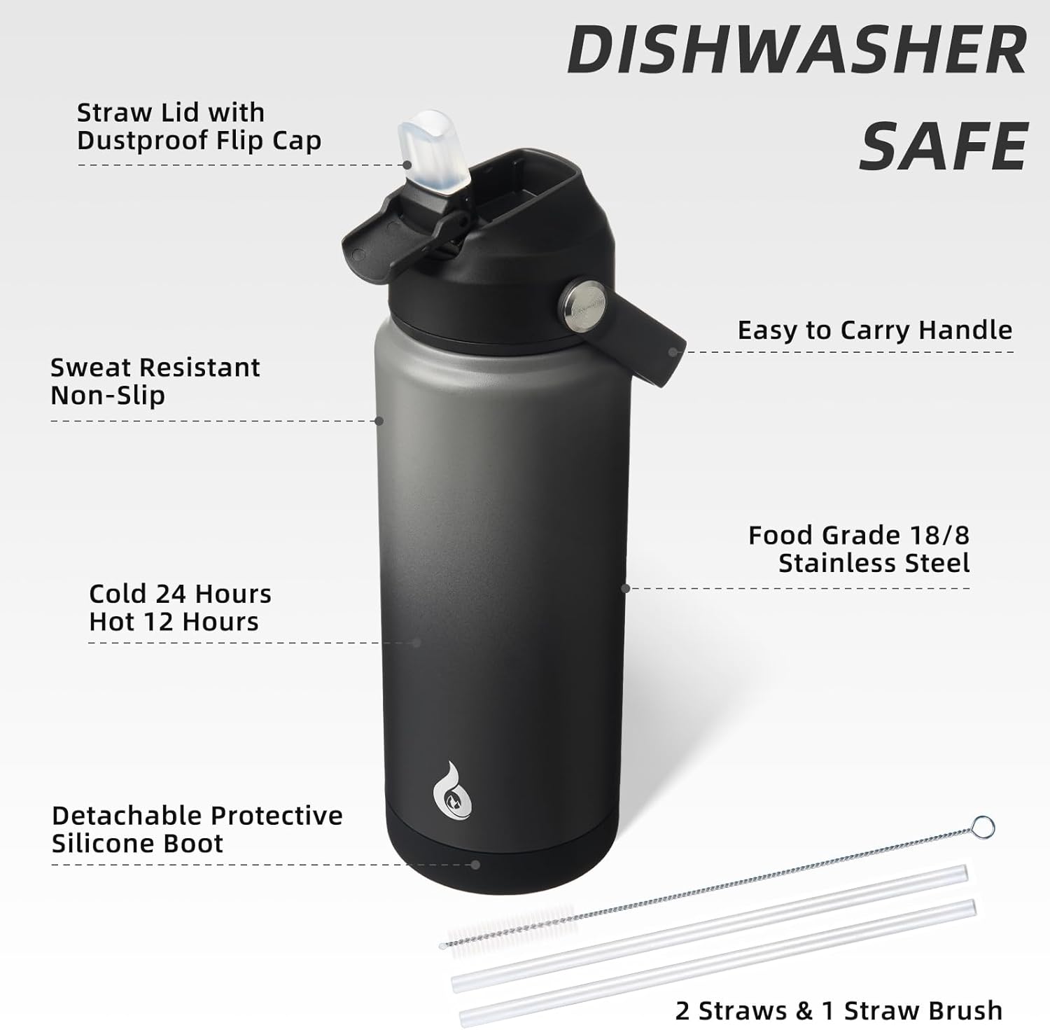 BJPKPK Water Bottle with Straw Lid, 24oz Vacuum Insulated Water Bottles, Metal Stainless Steel Thermo for Sports, Travel, BPA Free Leak Proof Thermo, Cups, Flasks, Tumblers,Black Grey