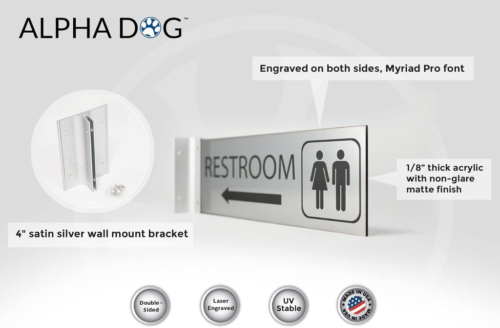 ALPHA DOG SIGNS Corridor Projecting Hallway Bathroom Sign, Left Arrow, 4"x12" Double Sided, Indoor/Outdoor, Easy Install, Durable Business Wayfinding Plaque, USA-Made (Brushed Stainless)