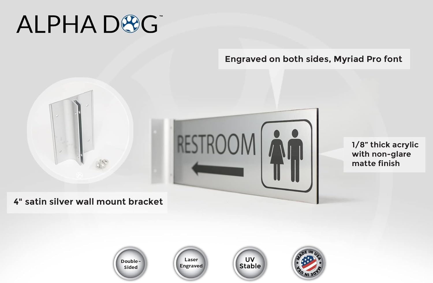 ALPHA DOG SIGNS Corridor Projecting Hallway Bathroom Sign, Left Arrow, 4"x12" Double Sided, Indoor/Outdoor, Easy Install, Durable Business Wayfinding Plaque, USA-Made (Brushed Stainless)