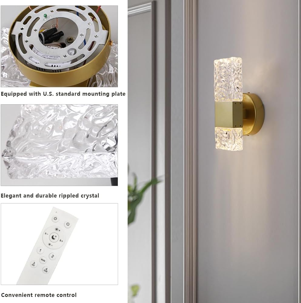 HuisMier Gold Wall Sconces, Hardwired Indoor Wall Light Fixtures with Remote, 3000K-6000K Dimmable LED Crystal Wall Lamp for Bedroom Living Room Bathroom Stairway Hallway