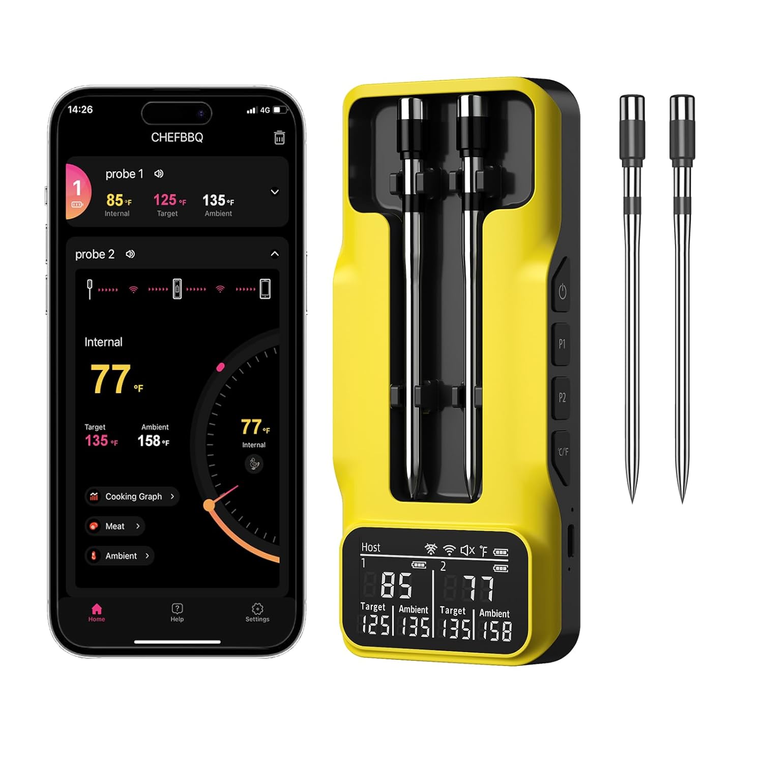 800FT Smart Wireless Meat Thermometer with Digital Meat Probe, Bluetooth Meat Thermometer with App Host Control for Barbecue, Outdoor Grilling, Oven & Smoker (Two*Probe-04)