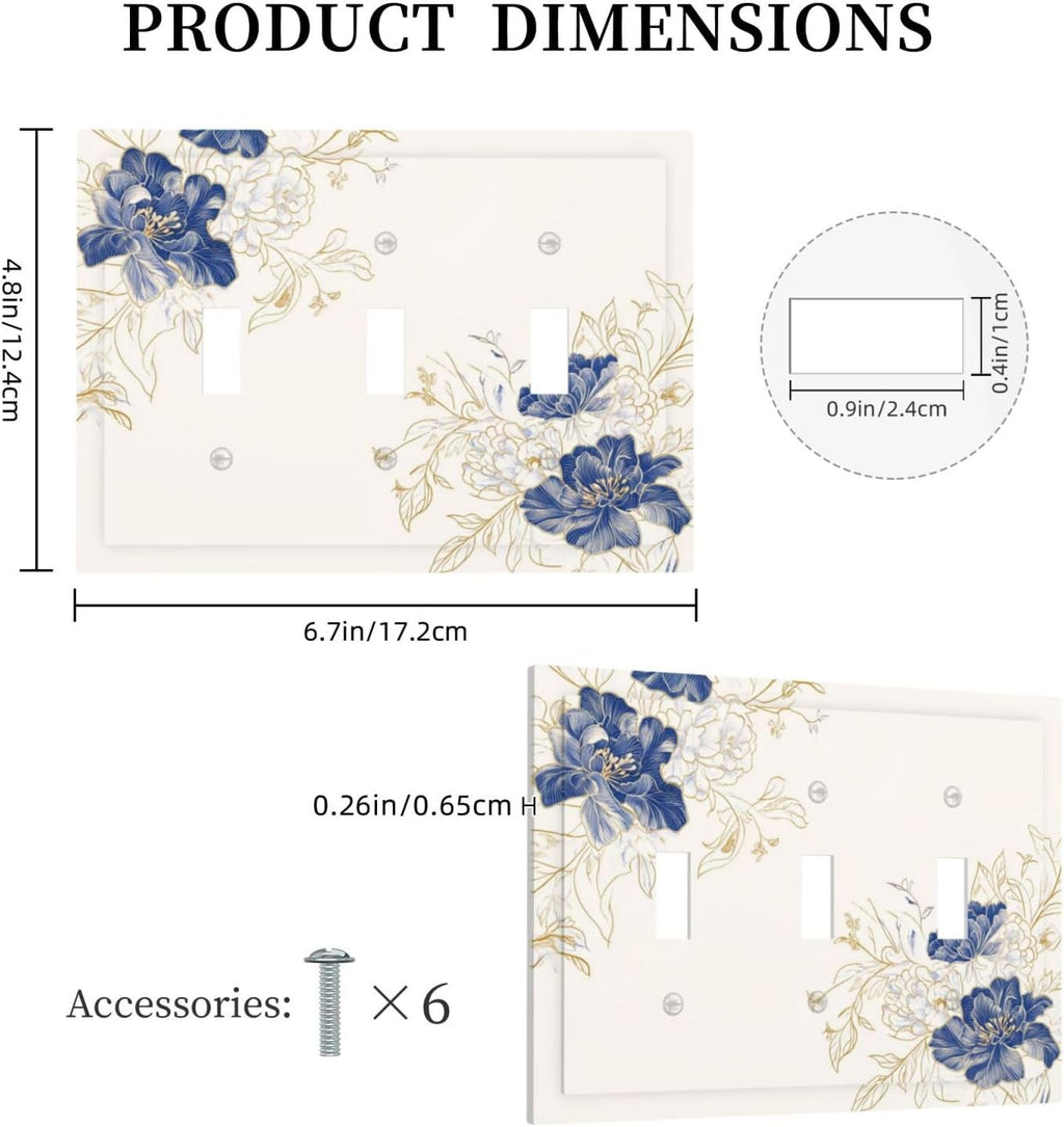 Decorative Light Switch Cover Plate Rustic Blue Flower Floral Gold Leaf 3 Gang Wall Plates for Electrical Outlets Triple Toggle Switch Plate Covers Outlet Covers Faceplate for Home Decor