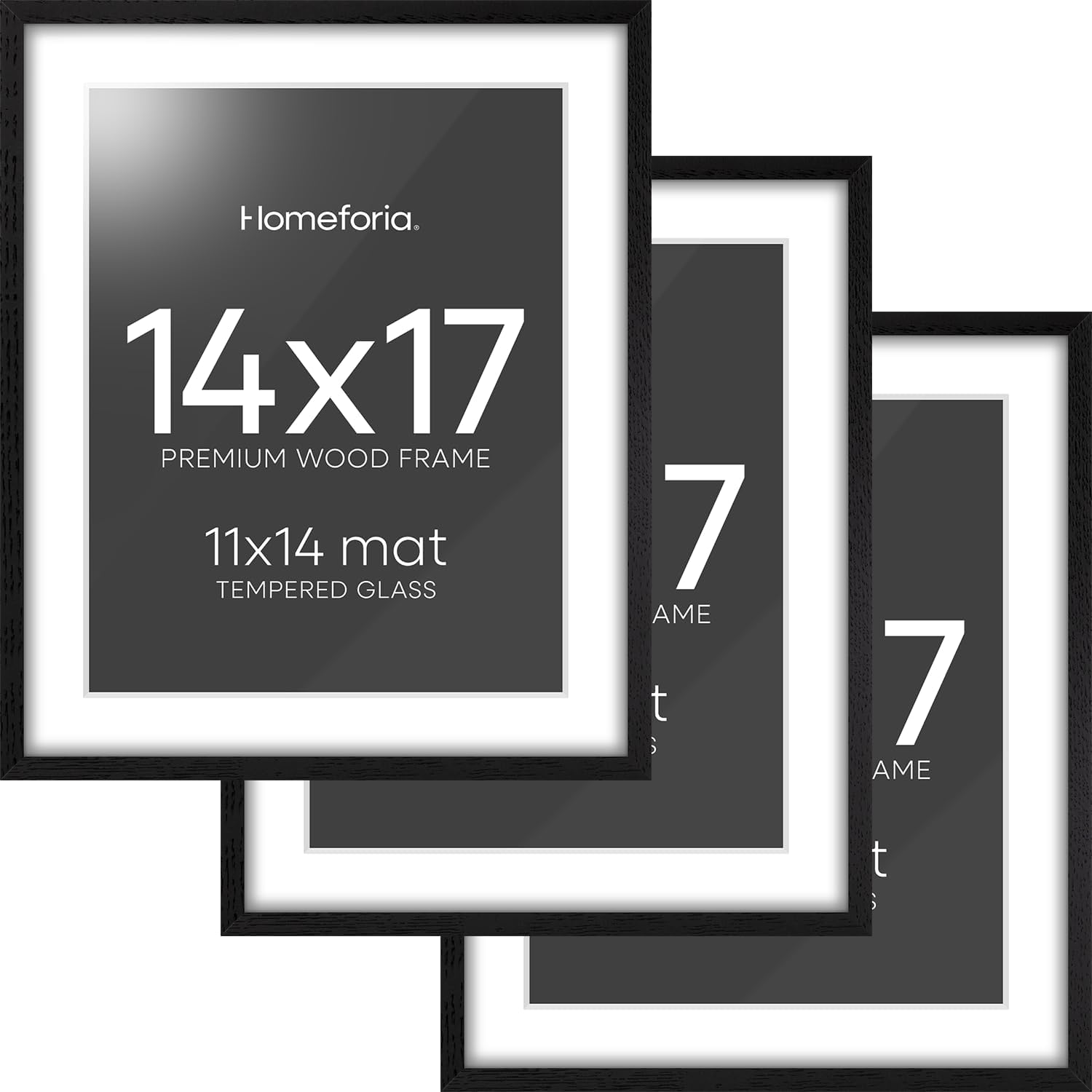 Homeforia 14x17 Picture Frame Black Wood, High End Oak 14x17 Frames with Mat 11x14 Photo, 14 x 17 Wooden Poster Frame Matted to 11 by 14 Print, 17x14 Hanging Frames, Tempered Glass, Wall Kit, Set of 3