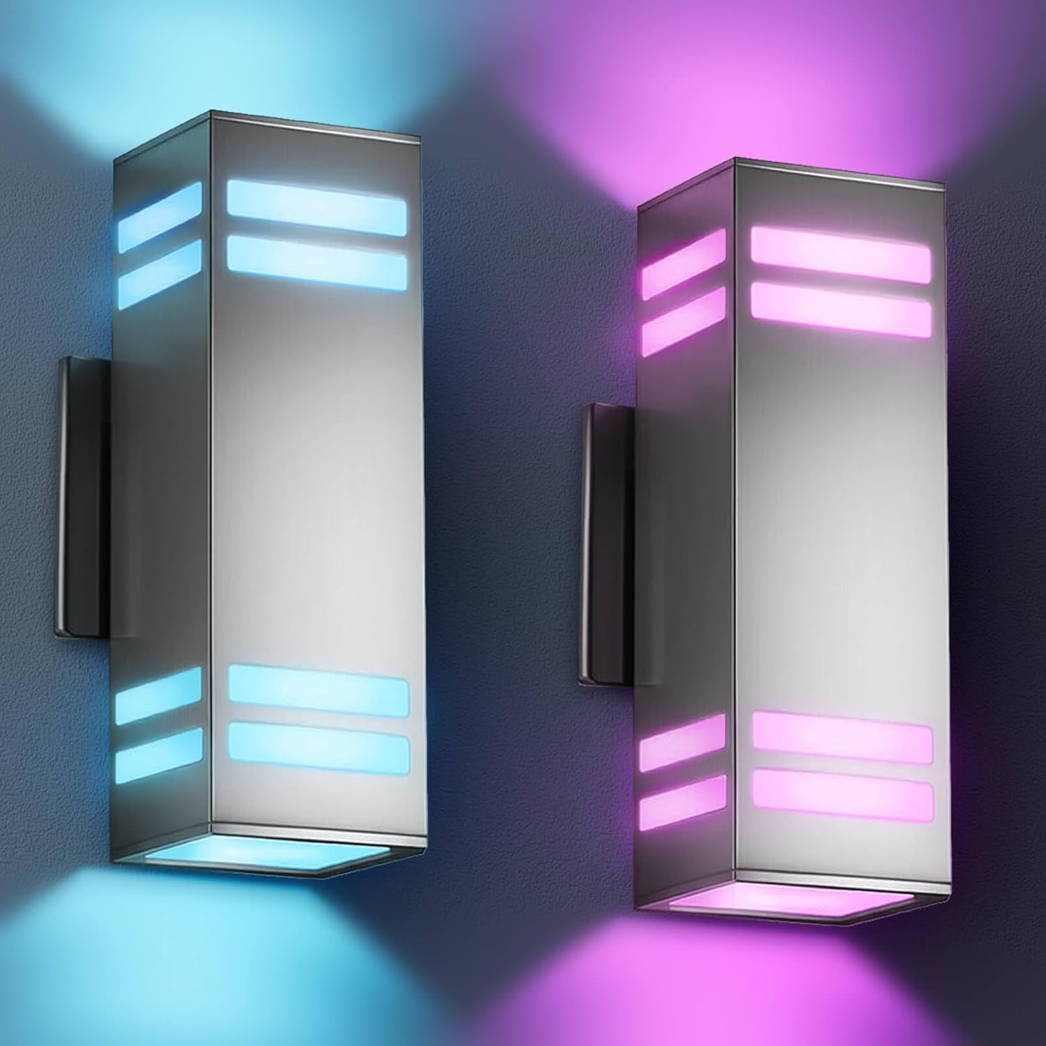 KIZON Smart RGB Outdoor Wall Light Dusk to Dawn, Voice & App Control Smart Porch Lights, Dimmable Up and Down Wall Sconce Stainless Steel Waterproof Exterior Light Fixture, Works with Alexa, 2 Pack