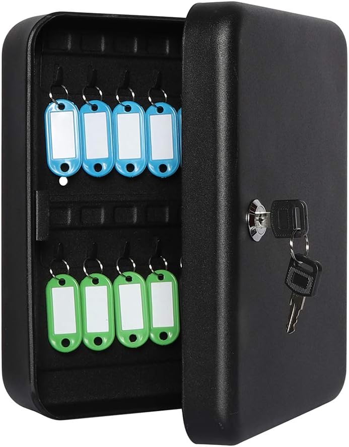 Jssmst Lock Keyboxes Wall Mount Security Key Storage Box, Locking Key Cabinet Wall Mount with 24 Key Hooks & Tags Key Labels, 9.84 x 7.87 x 2.95 inches, Black Matt