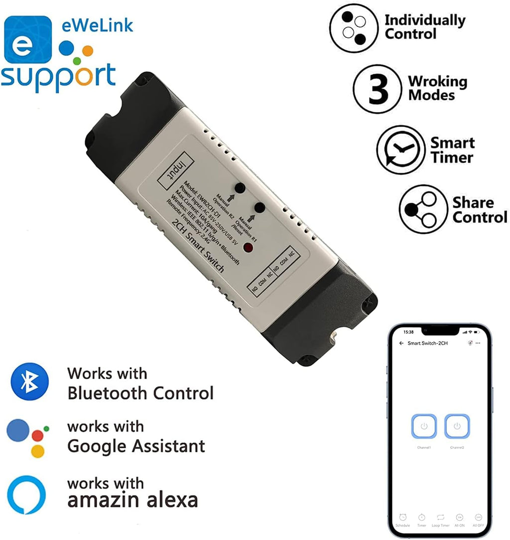 2 Channel EWelink Wireless Switch with Enclosure WiFi Switch Module Remote Control DIY Smart Home Bluetooth Relay 5V/AC85V-250V Power Input Compatible with Alexa Google Home