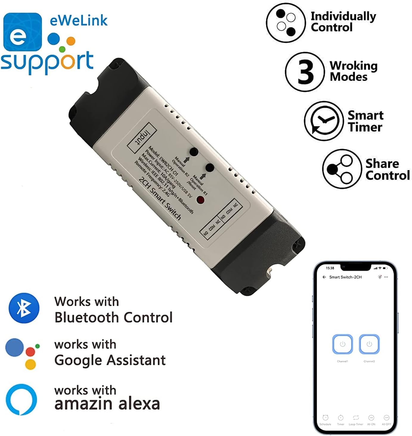2 Channel EWelink Wireless Switch with Enclosure WiFi Switch Module Remote Control DIY Smart Home Bluetooth Relay 5V/AC85V-250V Power Input Compatible with Alexa Google Home